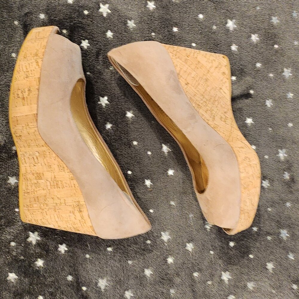 Stuart Weitzman Beige Suede Anna Cork Wedge Platform Peep Toe Pumps Size 9